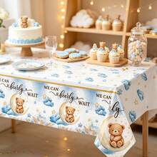 1/3PCS Disposable Plastic Table Cover, 51*86 Inch Rectangular Tablecloth, Cute Cartoon Elephant & Bear Pattern Decorated With Clouds, Stars And Blue Roses, Lue Animal Design, For Shower Party, Gender Reveal Gathering, Table Setting Supplies - Blue Teddy Bear - View 3