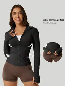 1pc Women's Elastic Fitted Ribbed Collar Sports Jacket, Black Yoga Outerwear Spring - Black - View 2