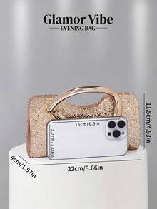 1pc Women's Fashion Vintage Metal Handle Clutch Evening Bag, Luxury Elegant Sparkling Rhinestone Sequin Metal Detail Box Bag With Detachable Metal Chain Crossbody Strap, Suitable For Wedding, Party, Ball, Nightclub, Formal Occasions, Dress Outfit, Gold Wallet - Champagne - View 5