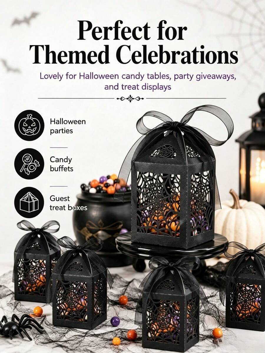 1/12 piezas Cajas de regalo de dulces de Halloween con cinta, estilo telaraña negra | Cajas de regalo de dulces de papel huecas de 2 pulgadas, adecuadas para recuerdos de boda gótica, recuerdos de fiesta, despedida de soltera y cumpleaños
