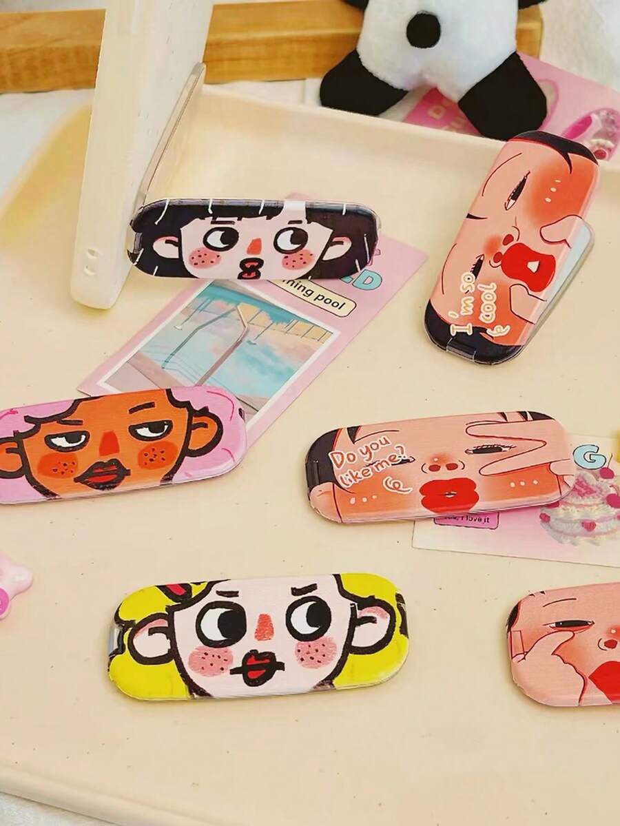 1pc Creative Mirror Phone Back Sticker Adhesive Folding Stand, Funny Cartoon Mirror Makeup Mirror For Girls, Sturdy Desktop Support For Watching Shows, Niche Design - Multicolor - View 1