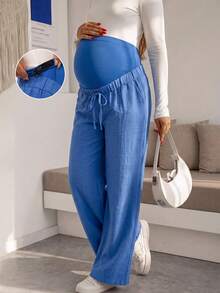 Maternity Blue Wide Leg Pants, Loose Fit, High Waist With Belly Support And Drawstring Waist, Casual Daily Wear And Home Loungewear - Blue - View 10