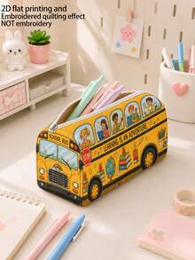 Campus Style "SCHOOL BUS" Pattern Pencil Case/Stationery Storage Bag - Multi-Functional Large Capacity Design, Suitable For Storing Office Supplies, Creative Multi-Purpose Pencil Case Or Portable Travel Makeup Bag, Ideal For Students And Adults Daily Use, Meets Stationery Storage, Daily Organization, Overnight Travel, Vacation And Gym Storage Needs, Back To School Dorm Essential (2D Pattern, Not Embroidered) - Multicolor - View 2