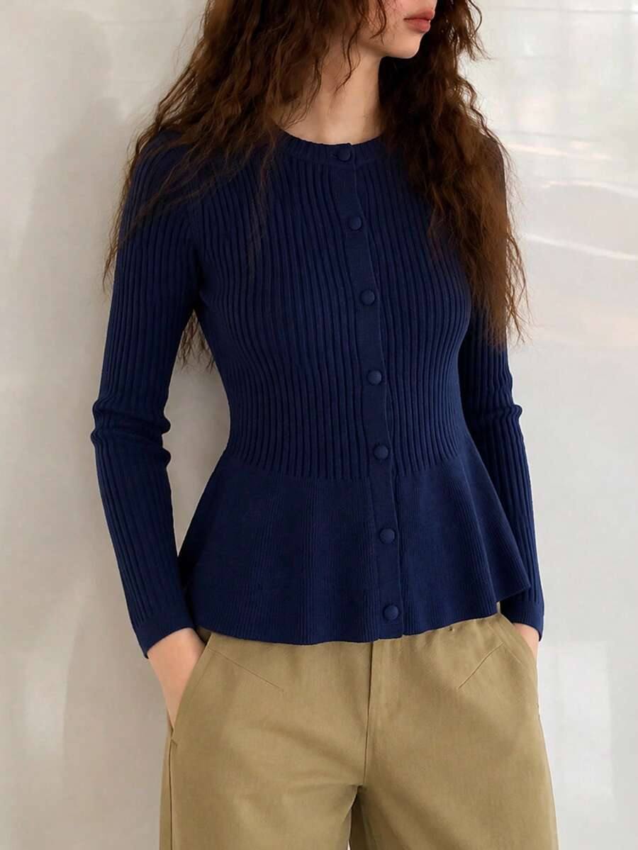 Women's Autumn/Winter Minimalist Casual Elegant Date Solid Color Slimming Vertical Ribbed Texture Round Neck Cardigan Knit Sweater Fall - Navy Blue - View 1