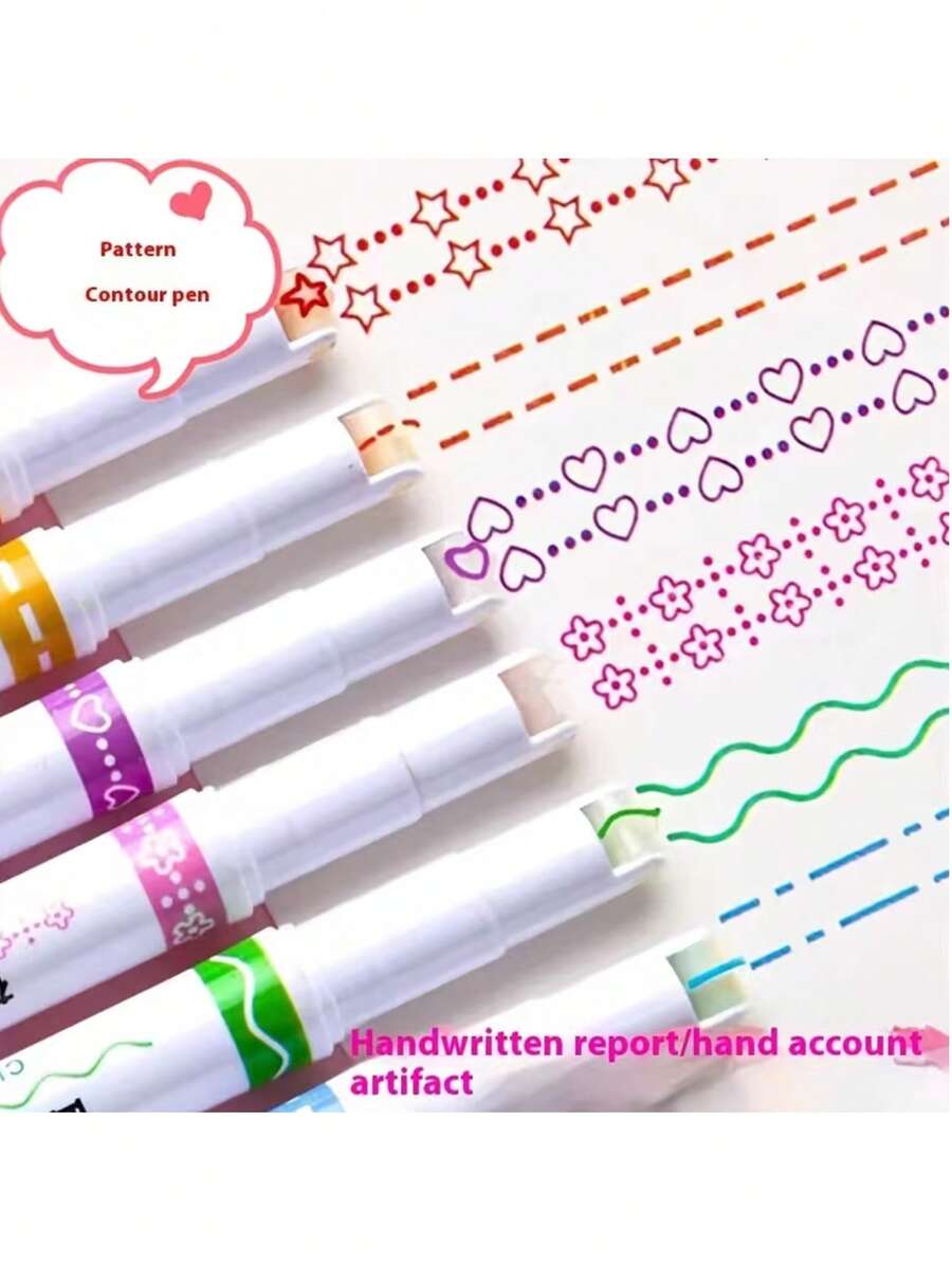 6pcs Different Curved Flower Outline Pens, Different Line Curve Shapes, Stationery For Note-Taking, Marking Colored Pencils - A - View 1
