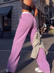 Women's Autumn Straight Leg 2 In 1 Contrast Color Long Pants, Corduroy Drawstring Wide Leg Casual Pants, Vertical Ribbed Texture Solid Color Loose Draped Straight Leg Sports Pants - Pink - View 3