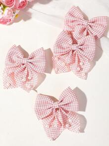 4/1pc Pink Plaid Fabric Pearl Bow Hair Clips Cute Little Princess Hair Accessories Alligator Hair Clips Non-Damaging For Daily Use - Pink - View 2