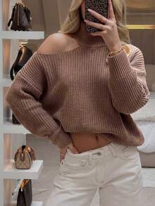 Sweater Turtleneck Rajut Waffle SEREN Wanita dengan Detail Bahu Terbuka, Pullover Lengan Panjang untuk Gaya Musim Gugur dan Musim Dingin - Coklat - View 3