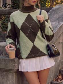 Women's Fall Y2K Argyle Knit Sweater, Half Turtleneck Long Sleeve Loose Preppy Pullover For Daily Campus Streetwear - Multicolor - View 3