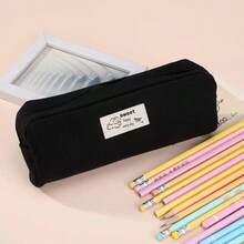 Minimalist Pure Black Canvas Pencil Case, Cute Cartoon Label Pencil Pouch, Large Capacity Stationery Storage Bag, Simple Portable Makeup Bag, Student Aesthetic Stationery, Daily Back To School Gift - Multicolor - View 8