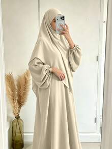 2pcs/Set Khimar+Abaya) Soft Muslim Prayer Outfit, Long Abaya With Matching Hijab, Casual Outing Essential Fashion Item (Hijab+Dress) - Multicolor - View 3