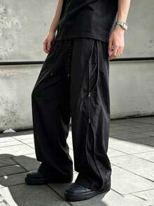 American Street Style Side Zipper Mesh Patchwork Parachute Pants Men's Outdoor Loose Straight Leg Long Pants - Black - View 4