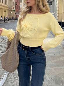 Women's Cold Shoulder Short Pullover Sweater, Decve Fitted Hem, Suitable For Spring Wear, Medium Stretch Knit Fabric - Yellow - View 5