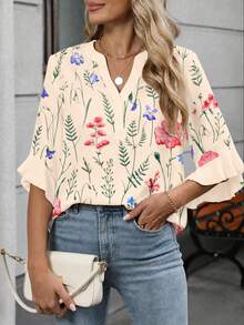 Plus Size Printed Shirt, Layered Ruffle Short Sleeve, Round Neck Design, Bohemian Style Spring Regular Fit Women's Top Vacation Summer - Apricot - View 2