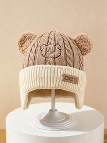 1pc Baby Cartoon Bear Embroidered Plush Ear Cable Knit Fabric Warm Windproof Cute Style Ear Protection Knit Hat Autumn/Winter Outdoor Daily - Multicolor - View 6