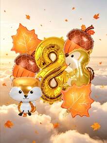 Set Of 8 Gold Balloons Featuring Numbers, Foxes, Squirrels, Acorns, And Maple Leaves-Perfect For Birthday Decorations, Woodland-Themed Parties, Fall Harvest Parties, Thanksgiving, Baby Showers, And Autumn Outdoor Picnics. - View 9
