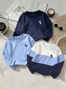 3pcs/Set Kids Pony Embroidery Crew Neck Sweatshirt, Boys Spring Autumn Colorblock Patchwork Long Sleeve Top, Soft Casual Pullover, Versatile Outwear For Little Boys - Multicolor - View 1