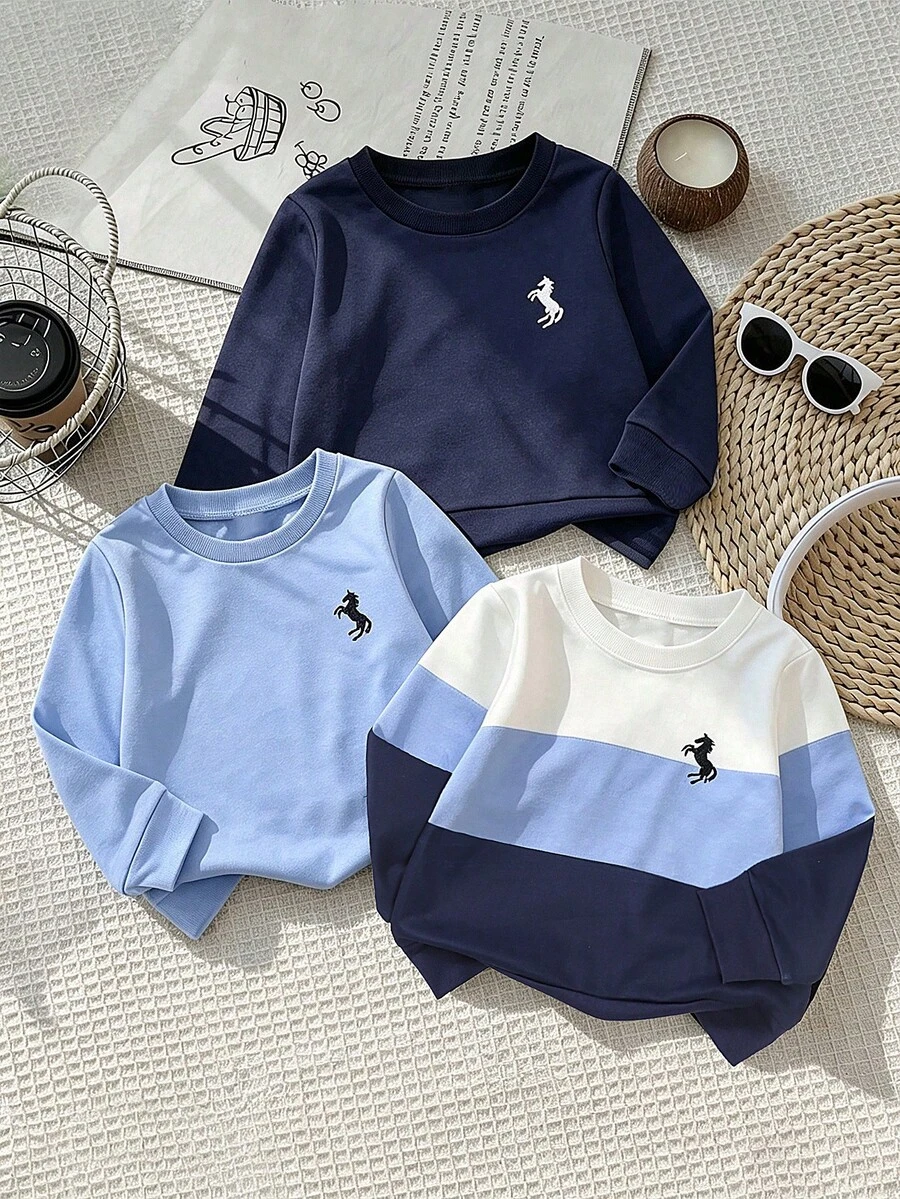 3pcs/Set Kids Pony Embroidery Crew Neck Sweatshirt, Boys Spring Autumn Colorblock Patchwork Long Sleeve Top, Soft Casual Pullover, Versatile Outwear For Little Boys - Multicolor - View 1