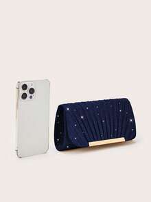 Luxury Charming Shiny Metallic Patchwork Envelope Clutch, Magnetic Closure Elegant Fashionable Evening Bag, Chain Bag For Women's Birthday Party And Wedding Dance - Navy Blue - View 8