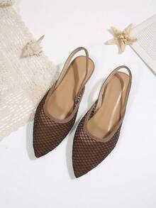 Lightweight Mesh Mule Shoes, Pointed Toe With Back Strap, Lace Mesh With Rhinestones, Elastic Band Design, Casual Loafers, Elegant Minimalist Commuter Hollow Flat Shoes - Coffee Brown - View 6