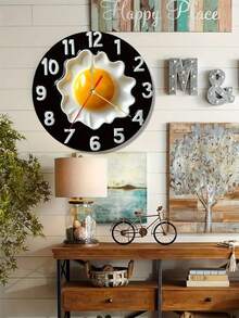 1pc 10"/12" 2D Flat Design Wooden Wall Clock, Breakfast Theme, Black Background, White Numbers & Fried Egg Illustration, Classic Kitchen Or Restaurant Decor, Multi-Functional Practical Clock - Multi-color 3 - View 2