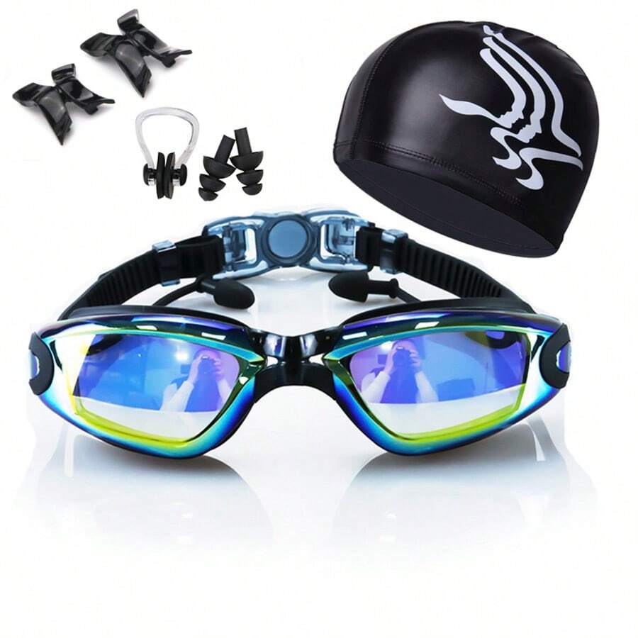 7pcs/Set, Anti-Fog Waterproof Swimming Goggles And Swim Cap Set With Earplugs, Suitable For Adults And Teenagers, Beach, Outdoor Sports - Black - View 1
