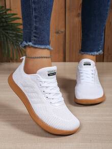 Women's Wide Toe Box Striped Mesh Lace-Up Sneakers, Suitable For Casual, Sports And Commuting - White Brown - View 3