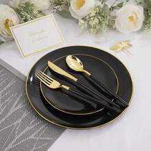 2/12/25/50pcs Set 7.5 Inch Dessert Plates And 10.25 Inch Dinner Plates, Black Gold Rim Plates, Suitable For Weddings, Anniversaries And Celebration Party Tableware - Black - View 1