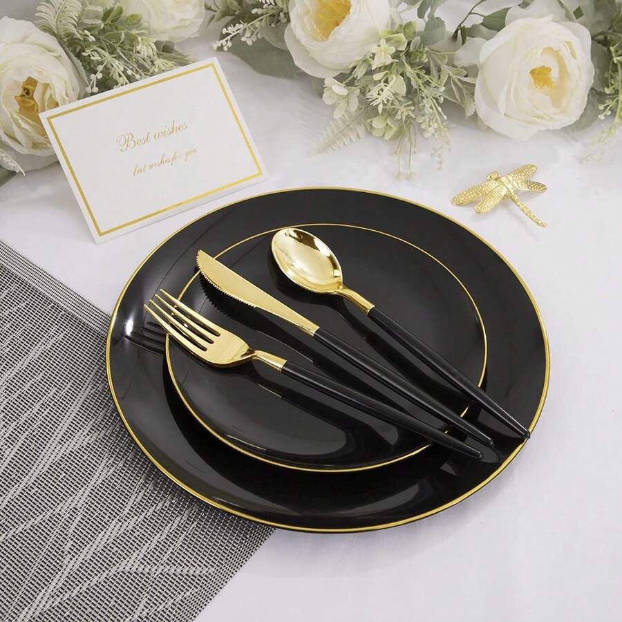 2/12/25/50pcs Set 7.5 Inch Dessert Plates And 10.25 Inch Dinner Plates, Black Gold Rim Plates, Suitable For Weddings, Anniversaries And Celebration Party Tableware - Black - View 1