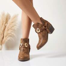 Light Brown Embroidered Western Style Ankle Boots With Strap Buckle, Convertible Detachable Design, Chunky Mid Heel, Round Toe, Comfortable Versatile Elegant Street Fashion Office Commute Daily All-Season Low-Top Boots - Brown - View 12