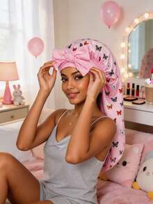 Butterfly Print Colorful Cute Women's Long Satin Faux Silk Bow Sleep Cap, Large Braided Curly Hair Sleeping Cap, Suitable For Sleeping, Daily Beauty Use, Back To School Essential - Multicolor - View 4