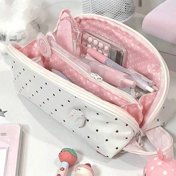 1pc Polka Dot Shell Pencil Case, Large Capacity Student Daily Hand-Carry Multi-Compartment Stationery Storage Bag, Back To School