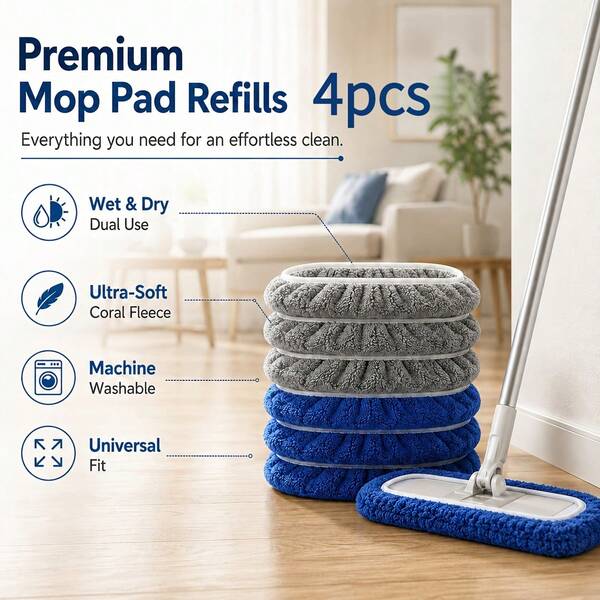 4 piezas de almohadillas de microfibra lavables, azul gris/azul naranja opcional, uso en seco y húmedo, almohadillas de repuesto de alta absorción con correa elástica de fijación, adecuadas para fregona plana de 10 pulgadas, suministros de limpieza de suelos de madera dura y baldosa