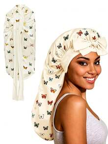 Butterfly Print Colorful Cute Women's Long Satin Faux Silk Bow Sleep Cap, Large Braided Curly Hair Sleeping Cap, Suitable For Sleeping, Daily Beauty Use, Back To School Essential - Multicolor - View 13