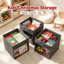 1pc Square Foldable Christmas Storage Cube Bin With Clear Front Visible Window Fabric Holiday Organizer Basket For Xmas Ornaments Ribbons Baking Supplies Party Props Kids Toys Books Media Discs - Multicolor - View 7
