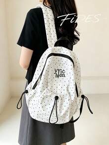 1PC Fashion Minimalist Polka Dot Drawstring Backpack, Letter Embroidery Accents, Soft Fabric Lightweight Shoulder-Friendly, Dual Side Drawstring Pocket Design, Ample Layered Storage Space, Korean Style Girly Vibe Classic Backpack, Versatile Practical Women's Bag For School, Travel, Commute - Multicolor - View 2