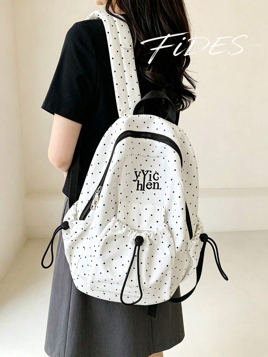 1PC Fashion Minimalist Polka Dot Drawstring Backpack, Letter Embroidery Accents, Soft Fabric Lightweight Shoulder-Friendly, Dual Side Drawstring Pocket Design, Ample Layered Storage Space, Korean Style Girly Vibe Classic Backpack, Versatile Practical Women's Bag For School, Travel, Commute