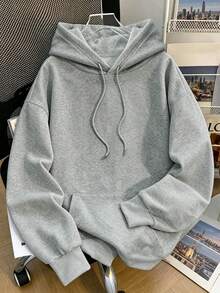 Hoodie Abu-abu Ukuran Besar untuk Wanita dengan Tali Serut dan Kantong, Sweatshirt Rajut Lengan Panjang, Cocok untuk Pakaian Kasual Sehari-hari - Grey - View 1