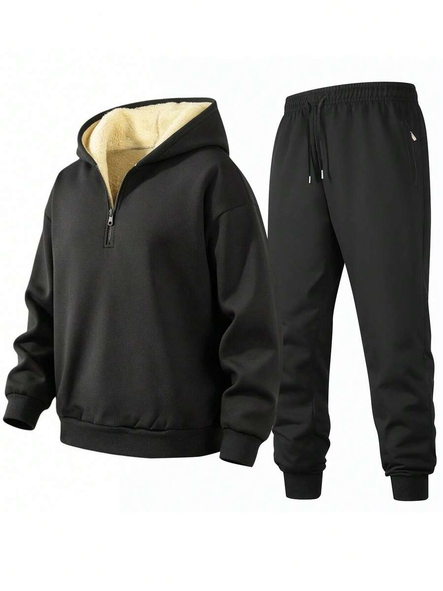 Men's 2 Pieces Winter Thermal Lined Thick Pullover Sweatshirt And Long Pants Set, Outdoor Vacation Cycling Workout Gym Running Sportswear - Black - View 1