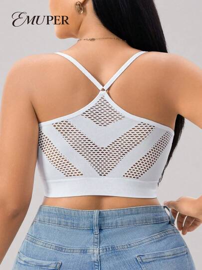 1pc Plus Size Seamless Mesh Hollow Breathable Women's Bra And Lingerie, Comfortable Backless Seamless Plus Size Women's Bra And Camisole