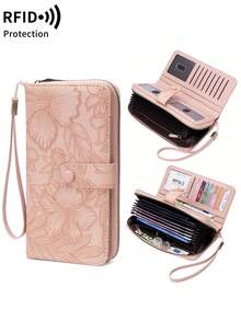 FOREVER MIYIN Women's Fashion RFID Floral Embossed Long Wallet, Large Capacity Bifold Clutch, Multiple Card Slots, With Wrist Strap Phone Wallet, Coin Purse, For Daily Use - Multicolor - View 10