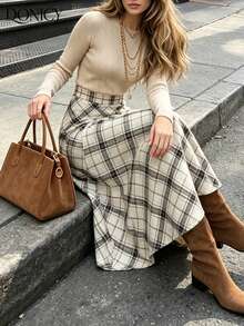DONICY Women's White Diagonal Plaid High Waist A-Line Midi Skirt, Flowy Hem Long Skirt, Suitable For Spring And Autumn Daily Wear - White - View 1