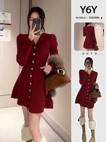 Y6Y 2026 New High-End Elegant Style Women's Early Autumn Short Red Knit Dress - Red - View 9