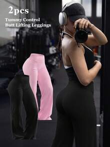 2 Peças Calça Casual Solta de Perna Larga Feminina, Calça Flare de Controle de Barriga para Outono, Uso Externo, Fitness Diário, Esportes, Passeios, Emagrecedora, Calça Longa com Corte 3D - Multicolorido - Visão 3