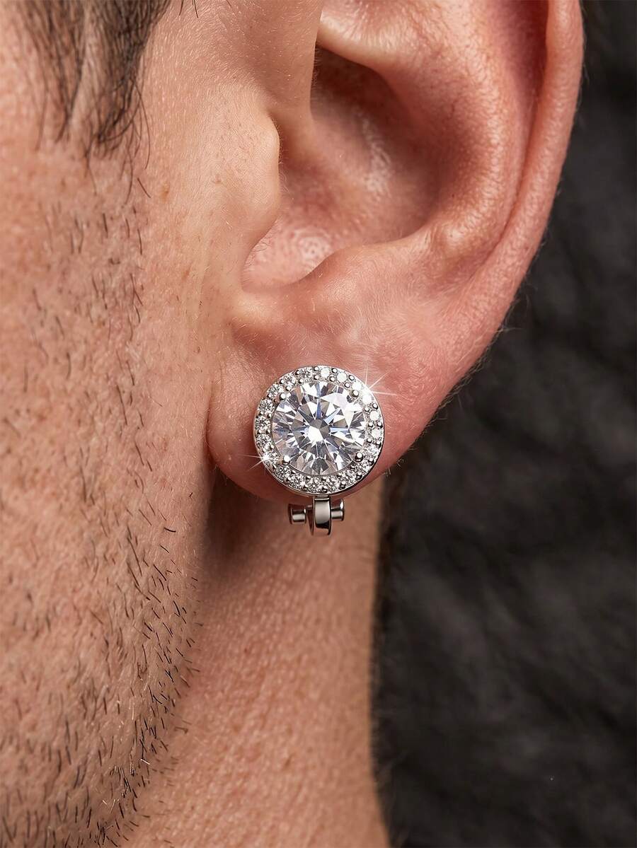 2pcs Round Men's Cubic Zirconia Ear Clips, Gold/Silver Color Options, Hip-Hop Cowboy Style, Suitable For Party/Bar/Daily Wear - Round Ear Clips - View 1