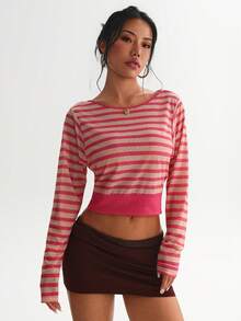 Women's Striped Colorblock Boat Neck Casual Versatile Daily Commute Sports Long Sleeve Cropped Top Pink - Pink - View 4