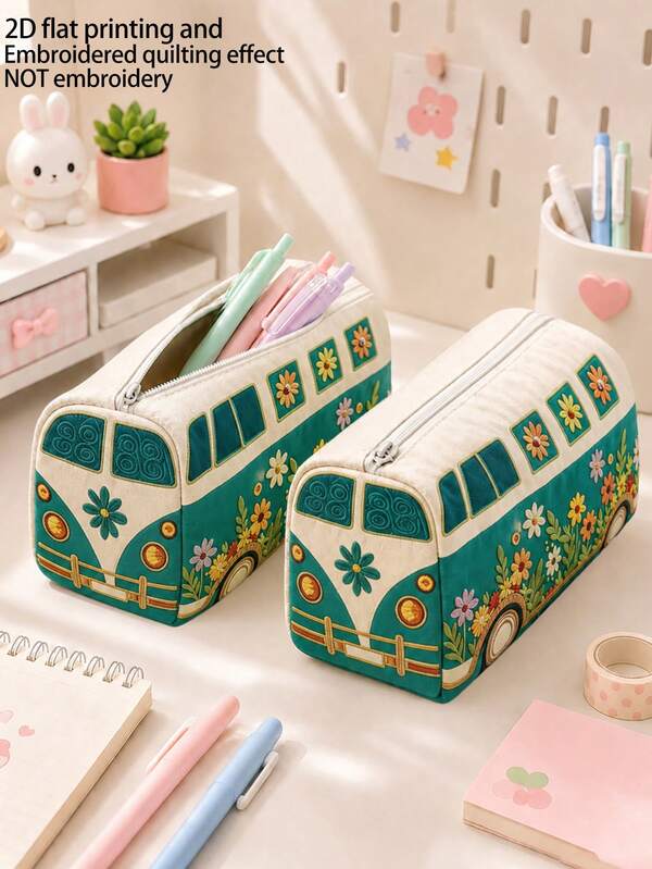 Floral Bus Pattern Pencil Case/Stationery Storage Bag - Multi-Functional Large Capacity Design, Can Be Used For Office Stationery, Creative Multi-Functional Pencil Case Or Portable Travel Makeup Bag, Suitable For Students And Adults Daily Use, Meets Stationery Storage, Daily Organization, Overnight Travel, Vacation And Gym Storage Needs, Essential Back To School Dormitory Item (2D Pattern, Not Embroidered)