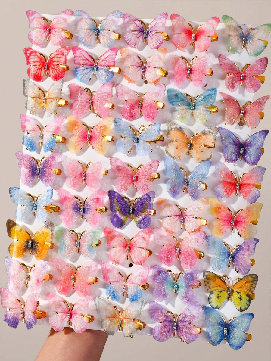 20pcs Girls Rhinestone Mesh Fairy Double Layer Faux Butterfly Hair Clips Elegant Sweet Versatile Cute Head Accessories Top Clip Back Clip Side Clip Duck Mouth Clip Daily Use - Multicolor - View 1
