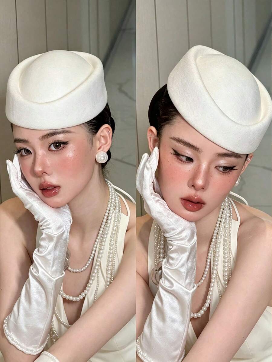 1件純色貝雷帽，優雅高端法式白色裝飾帽，適合婚禮、派對、空服員，女性配件 - 彩色 - 查看 1
