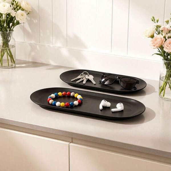 Oval Black Storage Tray, High-End Jewelry Organizer, Metal Storage Tray, Cosmetic Organizer Tray, Jewelry Organizer Tray, Aromatherapy Decorative Ornament, Living Room Home Bathroom Desktop Countertop, Bedroom Fragrance Lipstick Organizer Tray, Large Capacity Cosmetic Tray, Can Store Small Cosmetics And Jewelry
